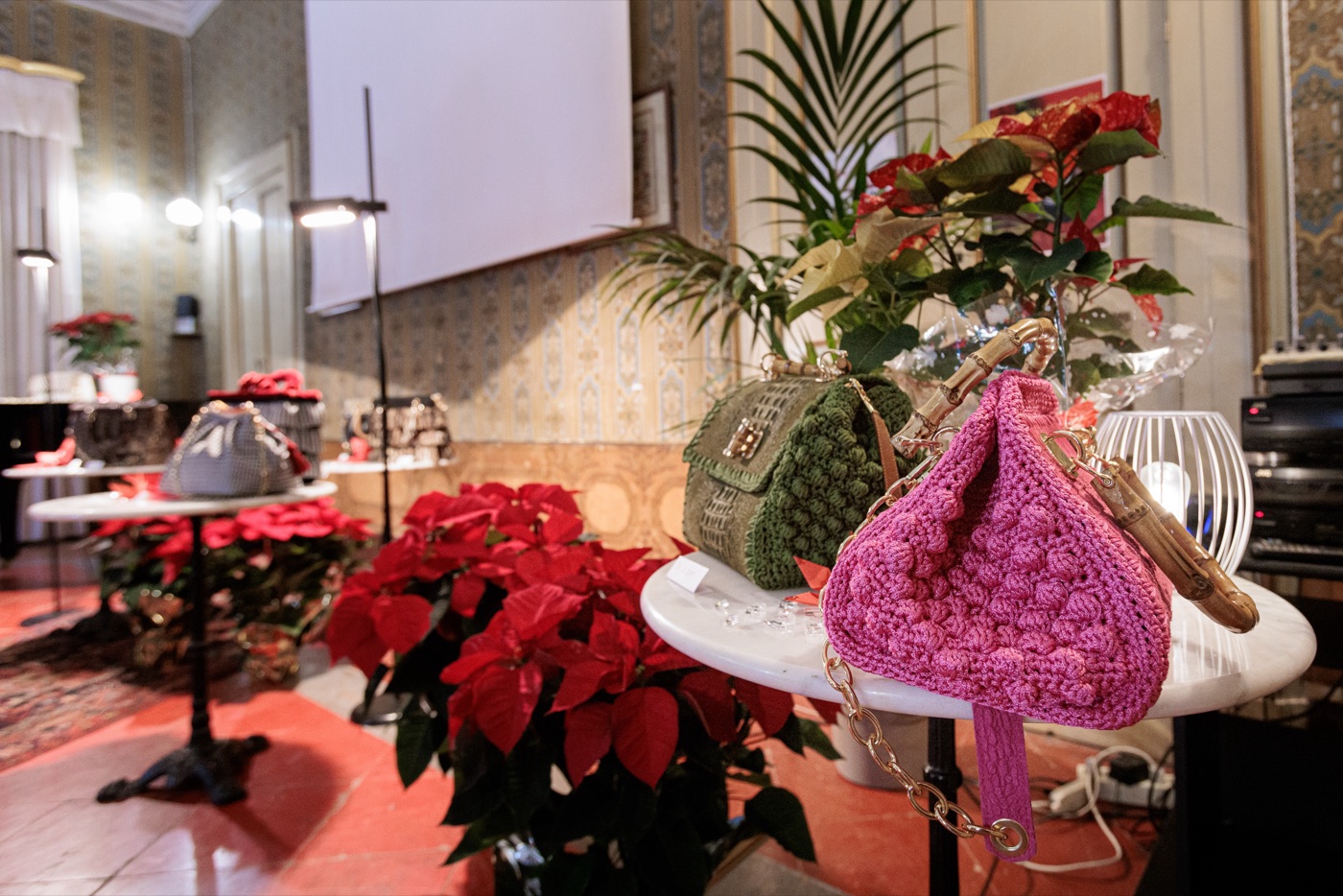 A finished hand-crocheted creation on display