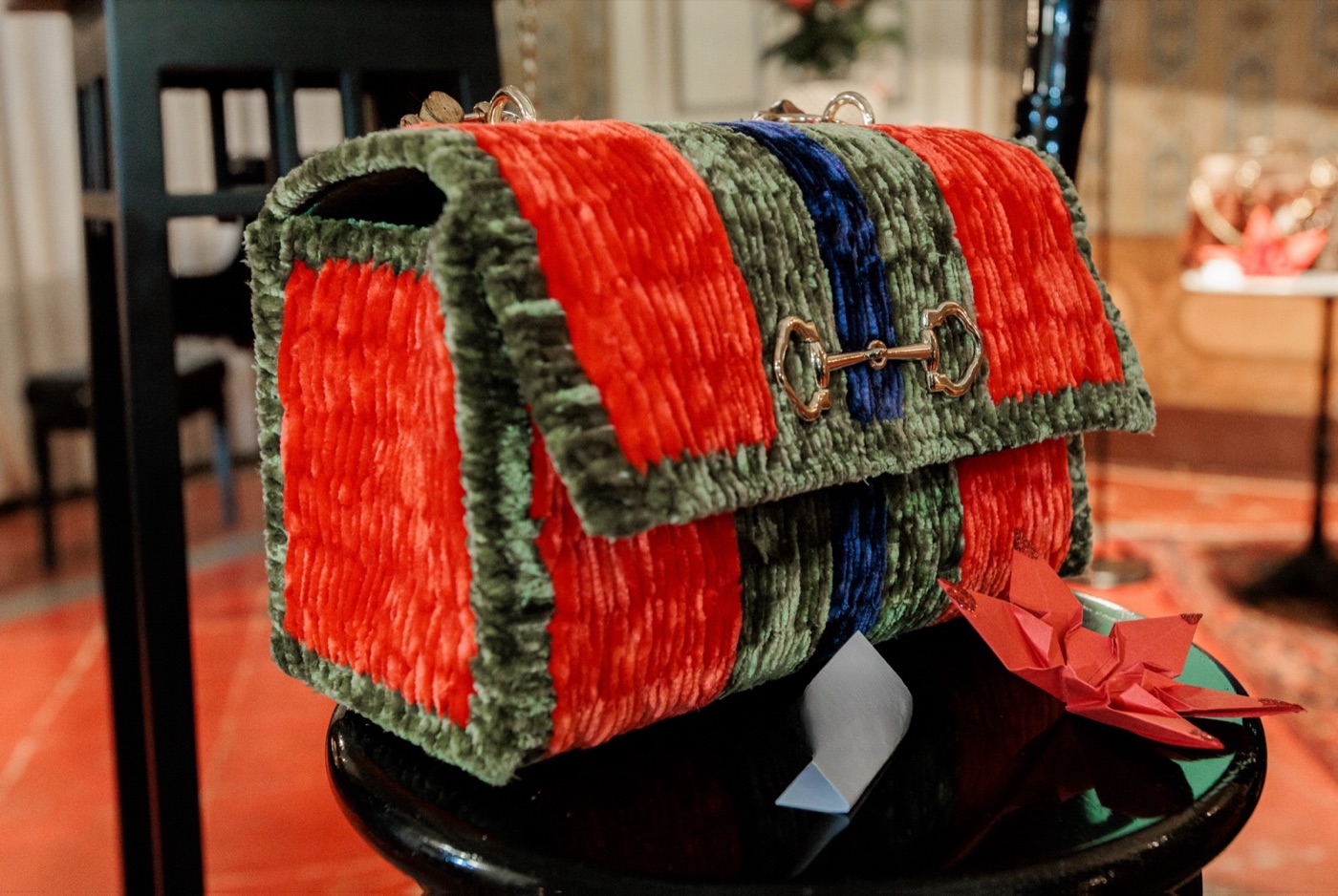 Hand-woven velvet clutch with gilt horsebit